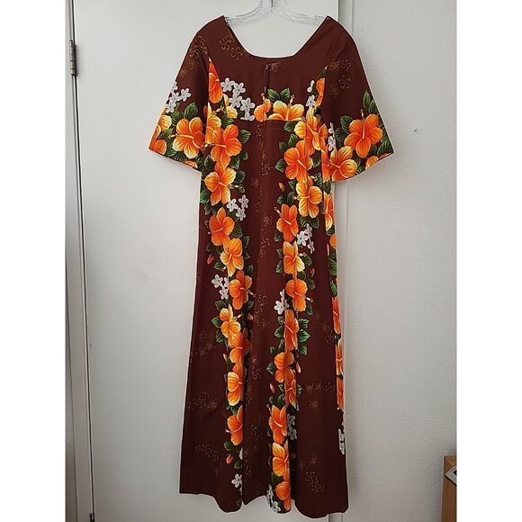 Vintage Ui Maikai Brown Orange Hibiscus Floral Print Hawaiian Maxi Dress 14 Luau - Picture 5 of 9